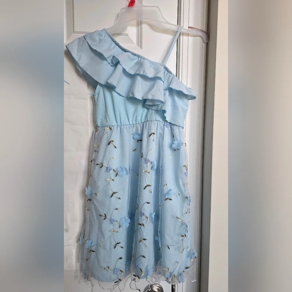 Girls Light Blue One Shoulder Ruffle Embroidered Mesh Dress 9Y